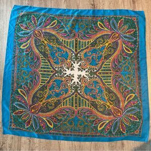 VINTAGE Bright Blue Symmetrical Intricate Design 35” Square Scarf